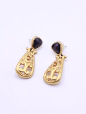 Anne Klein Satin Gold-Tone Filigree Drop Earrings with Black Enamel